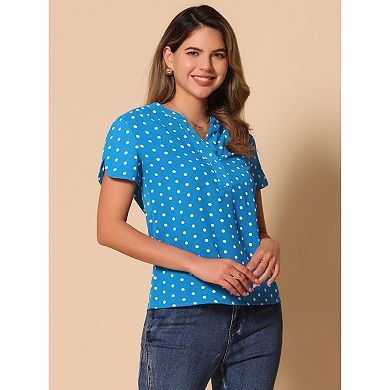 Women's Dots Printed V Neck Short Sleeve Work Office Blouse Top