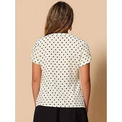 Women's Dots Printed V Neck Short Sleeve Work Office Blouse Top