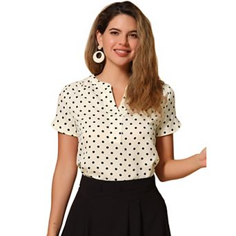 Women's Dots Printed V Neck Short Sleeve Work Office Blouse Top