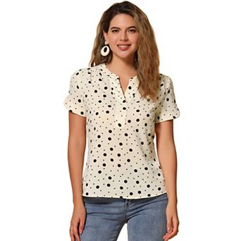 Women's Dots Printed V Neck Short Sleeve Work Office Blouse Top