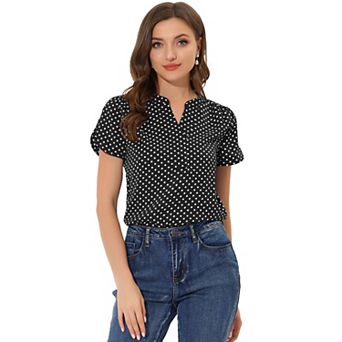 Women's Dots Printed V Neck Short Sleeve Work Office Blouse Top