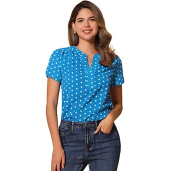 Women's Dots Printed V Neck Short Sleeve Work Office Blouse Top