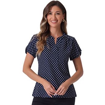 Women's Dots Printed V Neck Short Sleeve Work Office Blouse Top