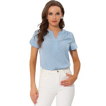 Women's Dots Printed V Neck Short Sleeve Work Office Blouse Top