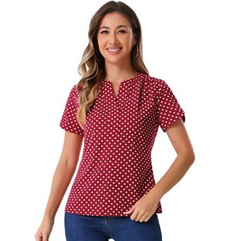 Women's Dots Printed V Neck Short Sleeve Work Office Blouse Top