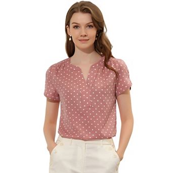 Women's Dots Printed V Neck Short Sleeve Work Office Blouse Top