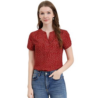 Women's Dots Printed V Neck Short Sleeve Work Office Blouse Top