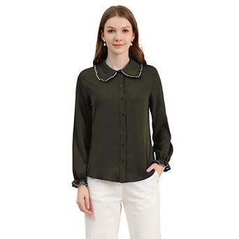 Women's Sweet Ruffle Peter Pan Collar Button up Work Shirts