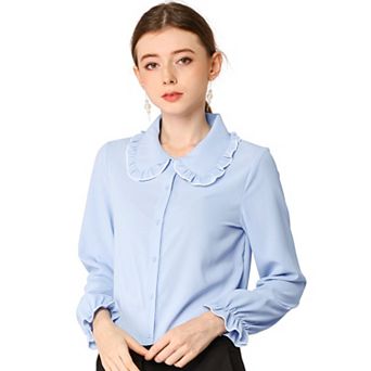 Women's Sweet Ruffle Peter Pan Collar Button up Work Shirts