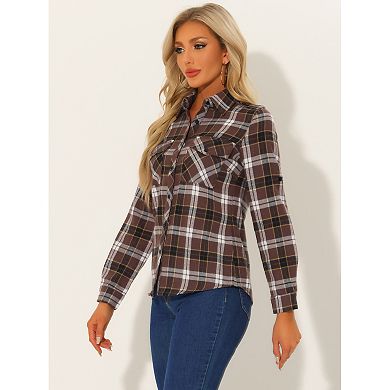 Women's Check Print Roll up Sleeves Flap Pockets Brushed Shirt