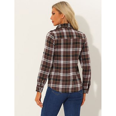 Women's Check Print Roll up Sleeves Flap Pockets Brushed Shirt