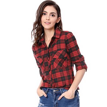 Women's Check Print Roll up Sleeves Flap Pockets Brushed Shirt