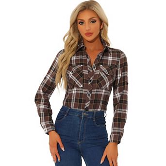 Women's Check Print Roll up Sleeves Flap Pockets Brushed Shirt