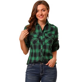 Women's Check Print Roll up Sleeves Flap Pockets Brushed Shirt