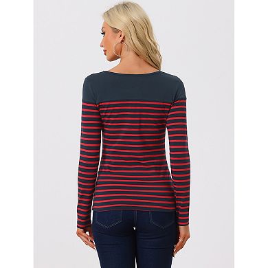 Women's Color Block Long Sleeve Striped Causal T-shirt