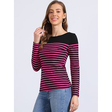 Women's Color Block Long Sleeve Striped Causal T-shirt