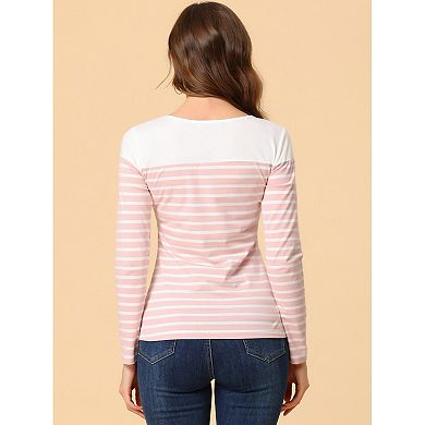 Women's Color Block Long Sleeve Striped Causal T-Shirt