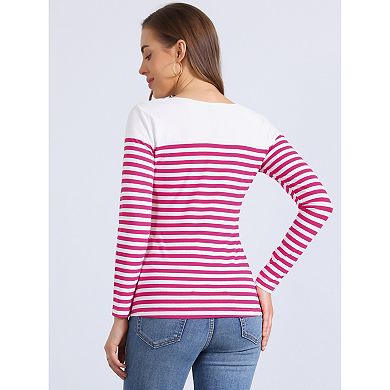 Women's Color Block Long Sleeve Striped Causal T-shirt