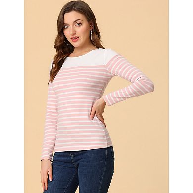Women's Color Block Long Sleeve Striped Causal T-Shirt