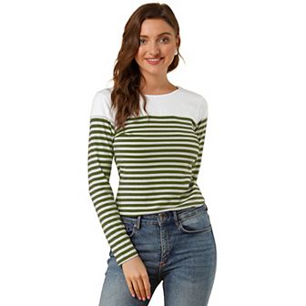 Women's Color Block Long Sleeve Striped Causal T-Shirt
