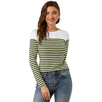 Women's Color Block Long Sleeve Striped Causal T-Shirt