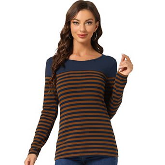 Women's Color Block Long Sleeve Striped Causal T-Shirt