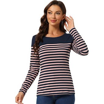 Women's Color Block Long Sleeve Striped Causal T-Shirt