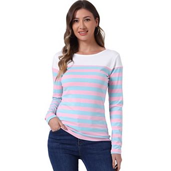 Women's Color Block Long Sleeve Striped Causal T-Shirt