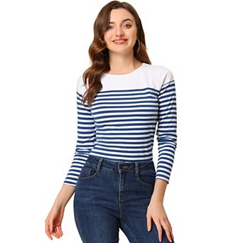 Women's Color Block Long Sleeve Striped Causal T-Shirt