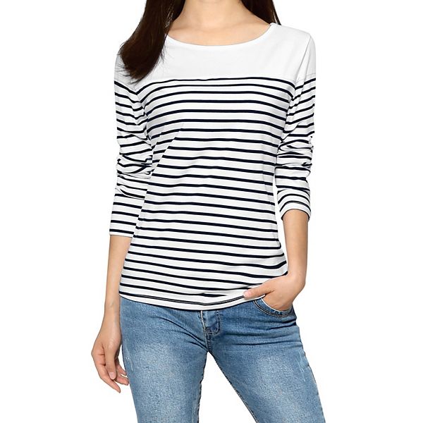 Women's Color Block Long Sleeve Striped Causal T-Shirt