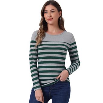 Women's Color Block Long Sleeve Striped Causal T-Shirt
