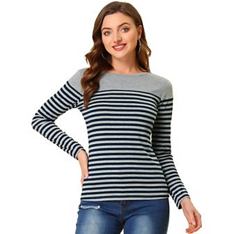 Women's Color Block Long Sleeve Striped Causal T-shirt