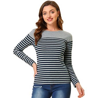 Women's Color Block Long Sleeve Striped Causal T-Shirt