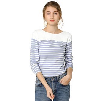 Women's Color Block Long Sleeve Striped Causal T-Shirt