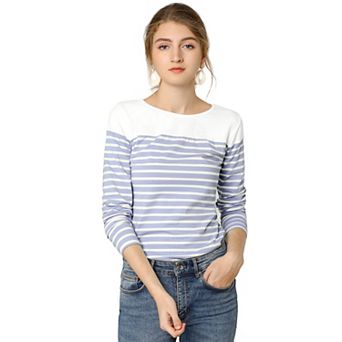 Women's Color Block Long Sleeve Striped Causal T-Shirt