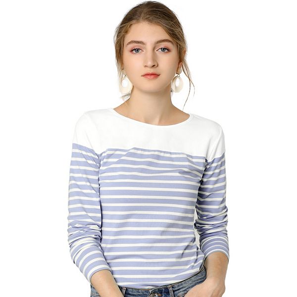 Women's Color Block Long Sleeve Striped Causal T-Shirt