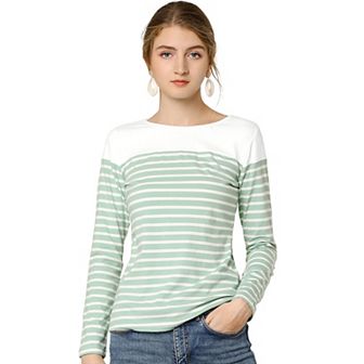 Women's Color Block Long Sleeve Striped Causal T-Shirt