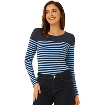 Women's Color Block Long Sleeve Striped Causal T-Shirt
