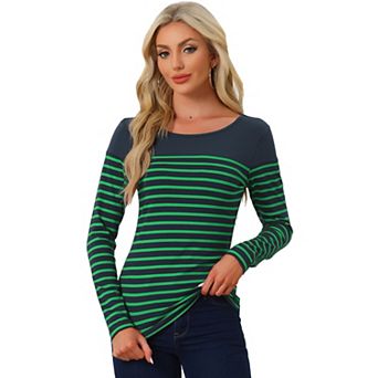 Women's Color Block Long Sleeve Striped Causal T-Shirt