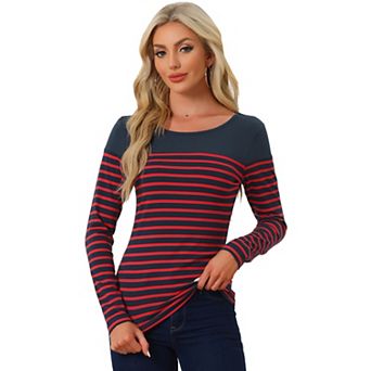Women's Color Block Long Sleeve Striped Causal T-Shirt