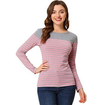 Women's Color Block Long Sleeve Striped Causal T-Shirt