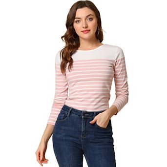 Women's Color Block Long Sleeve Striped Causal T-Shirt