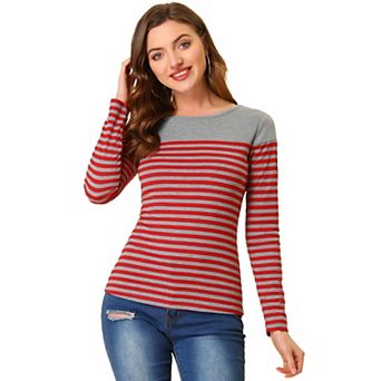 Women's Color Block Long Sleeve Striped Causal T-Shirt
