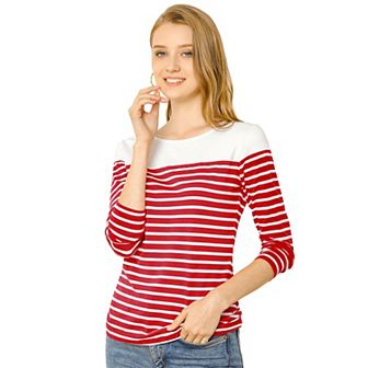 Women's Color Block Long Sleeve Striped Causal T-shirt