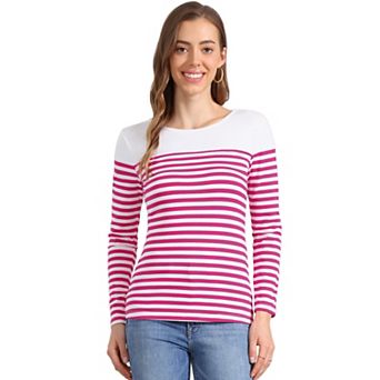 Women's Color Block Long Sleeve Striped Causal T-Shirt