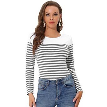 Women's Color Block Long Sleeve Striped Causal T-Shirt