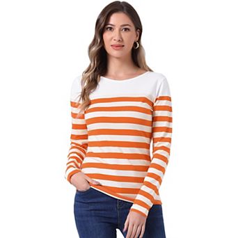 Women's Color Block Long Sleeve Striped Causal T-Shirt
