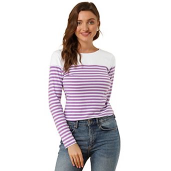 Women's Color Block Long Sleeve Striped Causal T-Shirt