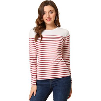 Women's Color Block Long Sleeve Striped Causal T-Shirt