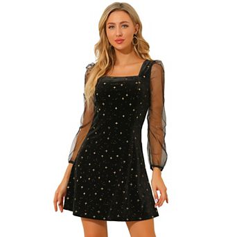 Women's Mesh Sheer Long Sleeve Square Neck Velvet Star Prom Dress
